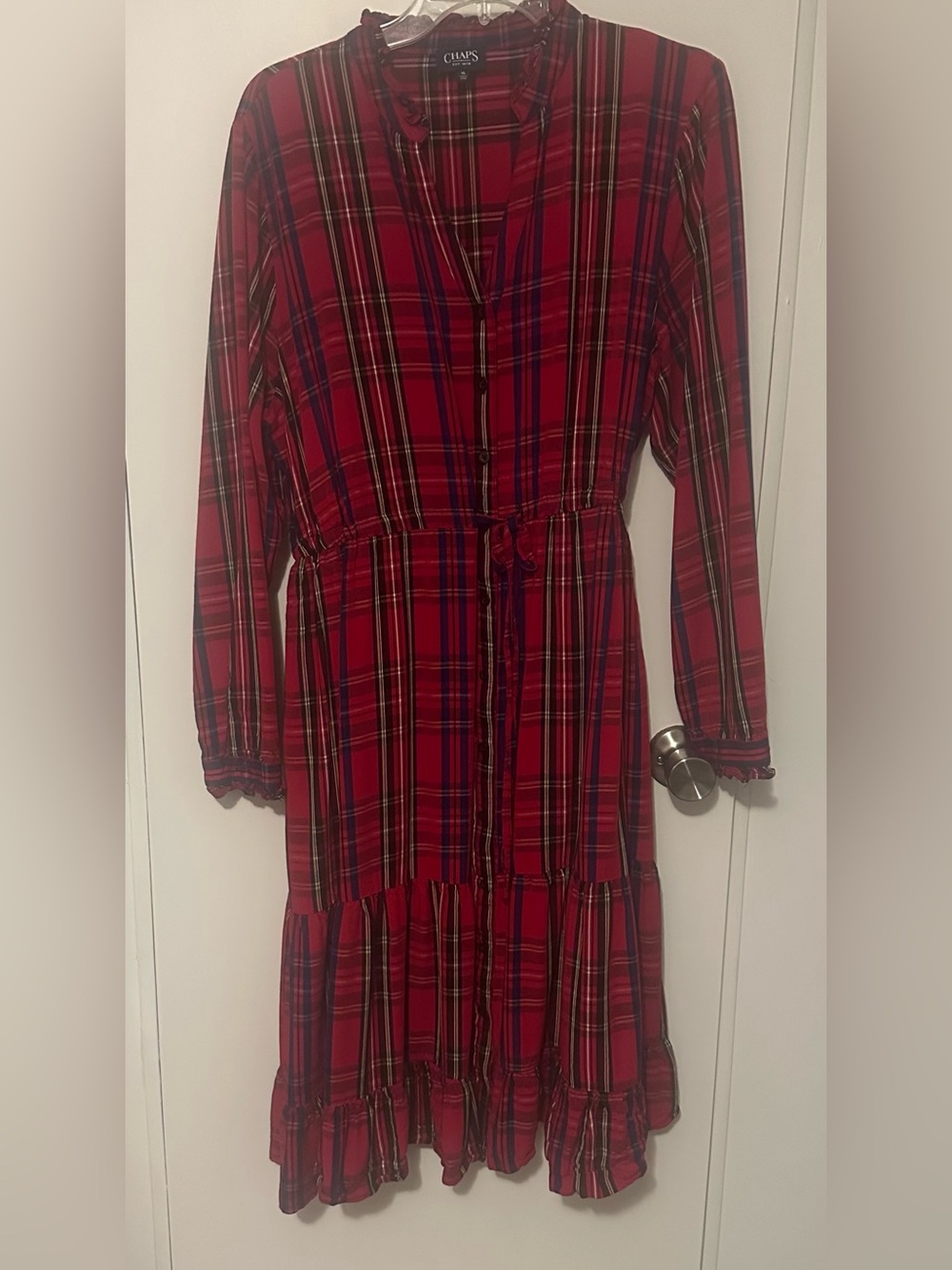 Chaps Red Tartan Plaid Midi Dress, Long sleeve, Size XL